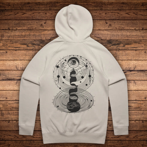 Cosmic Connection mystical midweight hoodie in white heather, bone, and Pink with esoteric, psychedelic design, kangaroo pocket, and raglan sleeves.